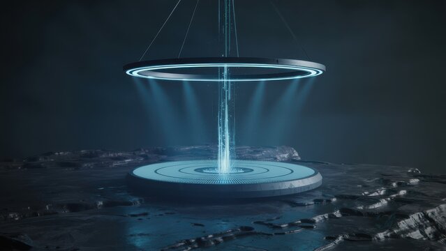 Futuristic holographic display device with glowing blue light and data - Powered by Adobe