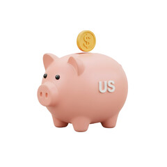 3d icon of pink piggy bank with a coin and us text isolated on transparent background