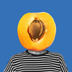 
Playful surreal artwork featuring a person with an apricot as a head on blue background. Modern pop art symbolizing creativity and nature.
