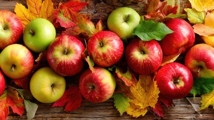 Freshly picked apples in a pile with colorful fall leaves scattered on rustic wooden table, vibrant autumn harvest scene with red, green, and yellow apples
