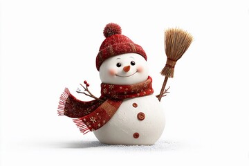 Creative snowman wearing a red hat and scarf holds a broom in a winter scene