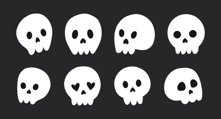 Obraz premium Hand drawn cute skull clipart set in minimalist spooky style. Perfect for Halloween designs, kids prints, stickers, and cozy seasonal decor.