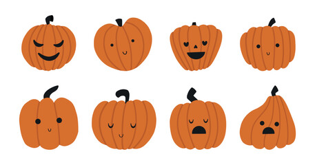 Adorable hand drawn pumpkin clipart set with cute faces and Halloween vibes. Perfect for autumn design, kids projects, stickers, and seasonal decor.