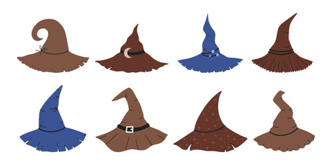 Hand drawn witch hats clipart set with cozy fantasy vibe. Perfect for Halloween designs, stickers, invitations, and magical illustrations.