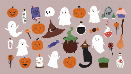 Hand drawn cute Halloween clipart collection with ghosts, pumpkins, cat, cauldron, and potions. Perfect for spooky seasonal designs, stickers, prints, and invitations.