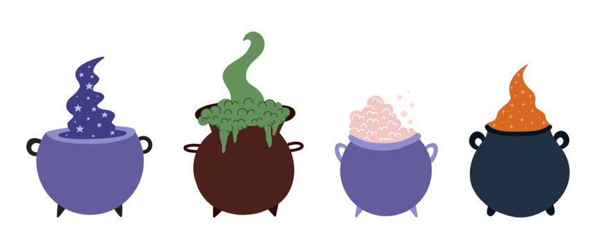 Hand drawn Halloween cauldrons clipart with bubbling potions and cozy witchy vibes. Perfect for spooky designs, stickers, prints, and magical compositions.