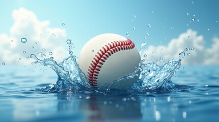 A baseball rests amidst a splash of water droplets against a backdrop of a clear, bright sky. 