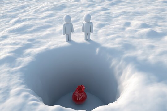 Businessmen looking down at a money bag in a deep pit