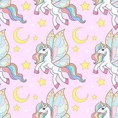 Seamless pattern with unicorns and stars on a pink background. Cartoon-style background. Suitable for fabric design, wallpaper, backdrops, wrapping paper, etc. Vector