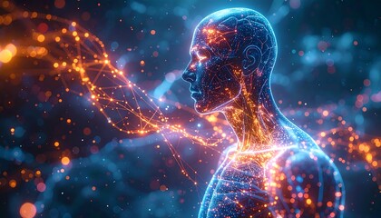 An artistic illustration portraying a human silhouette overlaid with glowing neural networks and shimmering particles, emanating energy