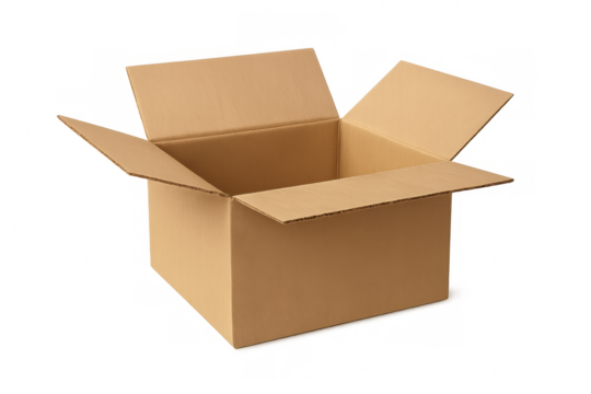 Open empty cardboard box for shipping products, moving belongings, or delivering package with transparent background