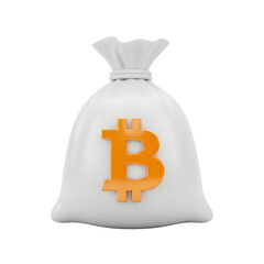 3d icon of white money bag with bitcoin symbol isolated on transparent background