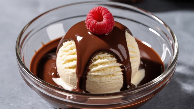 Delicious vanilla ice cream sundae drizzled with rich chocolate sauce and raspberry