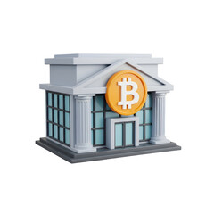 3d icon of bitcoin bank building with bitcoin logo isolated on transparent background