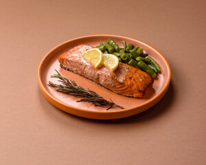Fish, grilled salmon fillet, healthy food, seafood. Grilled salmon fillet as a background