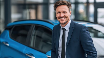 Successful salesman smiling in a modern car dealership, standing confidently beside a new blue vehicle, representing car sales, customer service, and automotive business