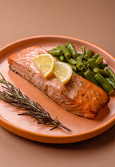 Fish, grilled salmon fillet, healthy food, seafood. Grilled salmon fillet as a background