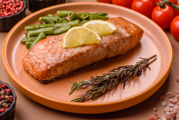 Fish, grilled salmon fillet, healthy food, seafood. Grilled salmon fillet as a background