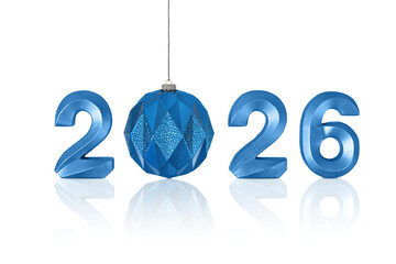 Blue numbers 2026 and a Christmas tree ornament in the shape of a blue ball isolated on a transparent background with clipping path. A design element for New Year and Christmas postcards