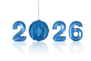 Blue numbers 2026 and a Christmas tree ornament in the shape of a blue ball isolated on a transparent background with clipping path. A design element for New Year and Christmas postcards
