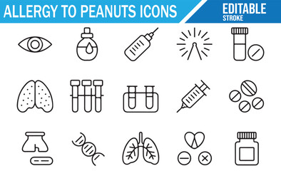 Peanut intolerance icons — lungs, eyes, rash, medicine vector set