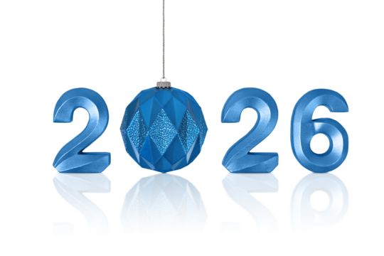 Blue numbers 2026 and a Christmas tree ornament in the shape of a blue ball isolated on a transparent background with clipping path. A design element for New Year and Christmas postcards