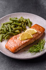 Fish, grilled salmon fillet, healthy food, seafood. Grilled salmon fillet as a background