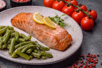 Fish, grilled salmon fillet, healthy food, seafood. Grilled salmon fillet as a background