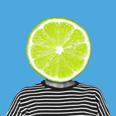 Creative surreal artwork of a person with a lime slice as a head against a bright blue background. Modern pop art concept symbolizing freshness, creativity, and individuality.