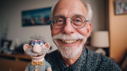 Caucasian senior old man with his cute doll toy smiling to camera