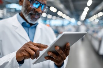 Professional using tablet in a modern laboratory setting during an advanced research session