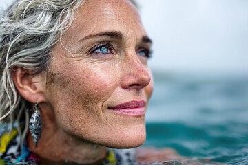 Woman enjoying the ocean waves while looking thoughtfully towards the horizon on a cloudy day
