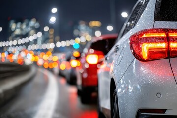 Traffic scene at night with cars waiting on a rainy city street, showcasing lights and reflections in the water