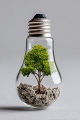 Light bulb with a miniature tree inside showcasing the beauty of nature and sustainability in everyday objects