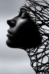 Creative portrait of a person with a mesh texture highlighting themes of identity and transformation