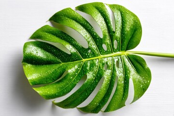 Large green monstera leaf with water droplets resting on a white background during daylight