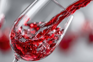 Bright red wine pouring into a glass, creating splashes and bubbles in a festive setting during a celebration