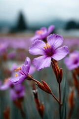 Beautiful purple flowers bloom in a field under soft gray skies during early spring in a tranquil landscape