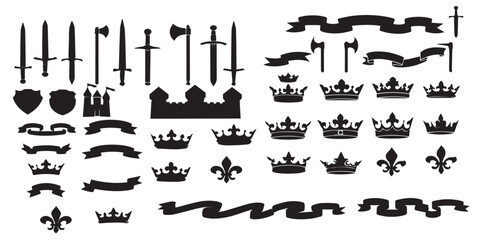 Medieval heraldry elements shields swords crowns and banners set vector
