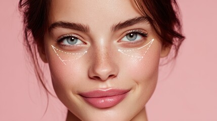 Young woman's face showcasing cosmetic procedure markings around her eyes, indicating injectables or surgical lifting for skin rejuvenation, anti aging, and enhanced beauty