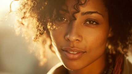 Young african american woman with natural curly hair looking at camera, her face softly illuminated by warm golden hour sunlight, embracing beauty and self confidence
