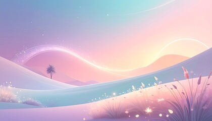 An ethereal desert landscape bathed in pastel hues. Gentle dunes, a lone palm, and sparkling accents create a serene, dreamlike ambiance