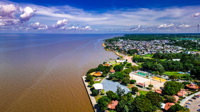Riverside City Landscape Amazon River Mouth Macap&aacute; Amapa Seaside North Amazonian Waterfront Boats Scenic Fluvial Landscape Coast Brazil Nature Travel Tourism Regional Culture Navigation South America