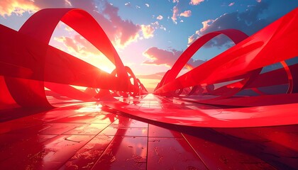 Abstract composition with a winding pathway made of red ribbons reflecting light, set against a vibrant sunset with a tiled foreground