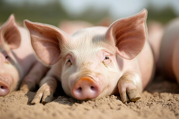 Close-up of a cute piglet lying on the sand, showcasing its pink skin, big ears, and relaxed expression, surrounded by other piglets on a sunny day at the farm. So adorable!