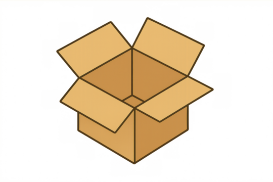 Open cardboard box graphic illustration presenting shipping, delivery, or moving concept on transparent background