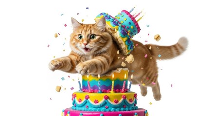 Naklejka premium cat bursting out of a birthday cake on a solid white background, dessert, celebration