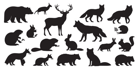 Collection of diverse wildlife animal silhouettes set vector