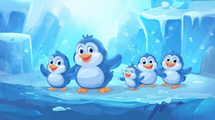 Happy cartoon penguins on an icy landscape.