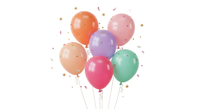A bunch of colorful balloons with confetti isolated on transparent background - Powered by Adobe